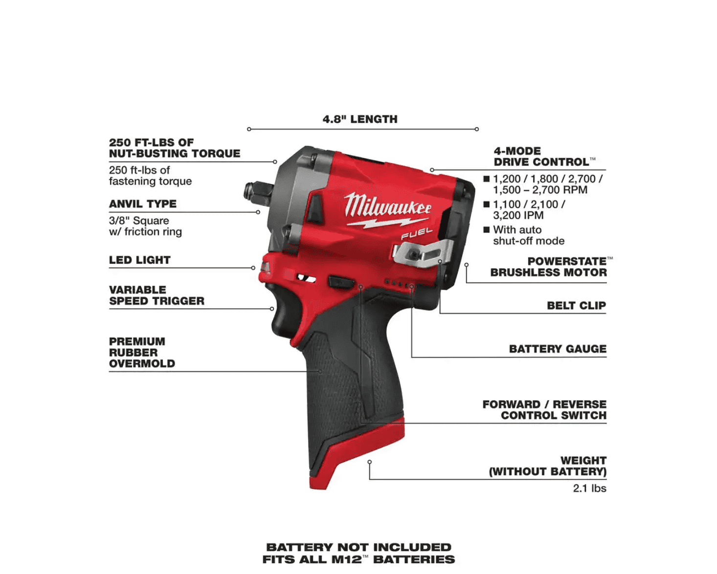 Milwaukee 2554-20 M12 FUEL 12V Lithium-Ion Brushless Cordless Stubby 3/8 in. Impact Wrench (Tool-Only)