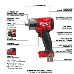 Milwaukee 2962-20 M18 FUEL Gen-2 18V Lithium-Ion Brushless Cordless Mid Torque 1/2 in. Impact Wrench w/Friction Ring (Tool-Only)