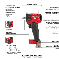 Milwaukee 2855-20 M18 FUEL GEN-3 18V Lithium-Ion Brushless Cordless 1/2 in. Compact Impact Wrench with Friction Ring (Tool-Only)