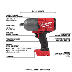 Milwaukee 2767-20-49-16-2767 M18 FUEL 18V Lithium-Ion Brushless Cordless 1/2 in