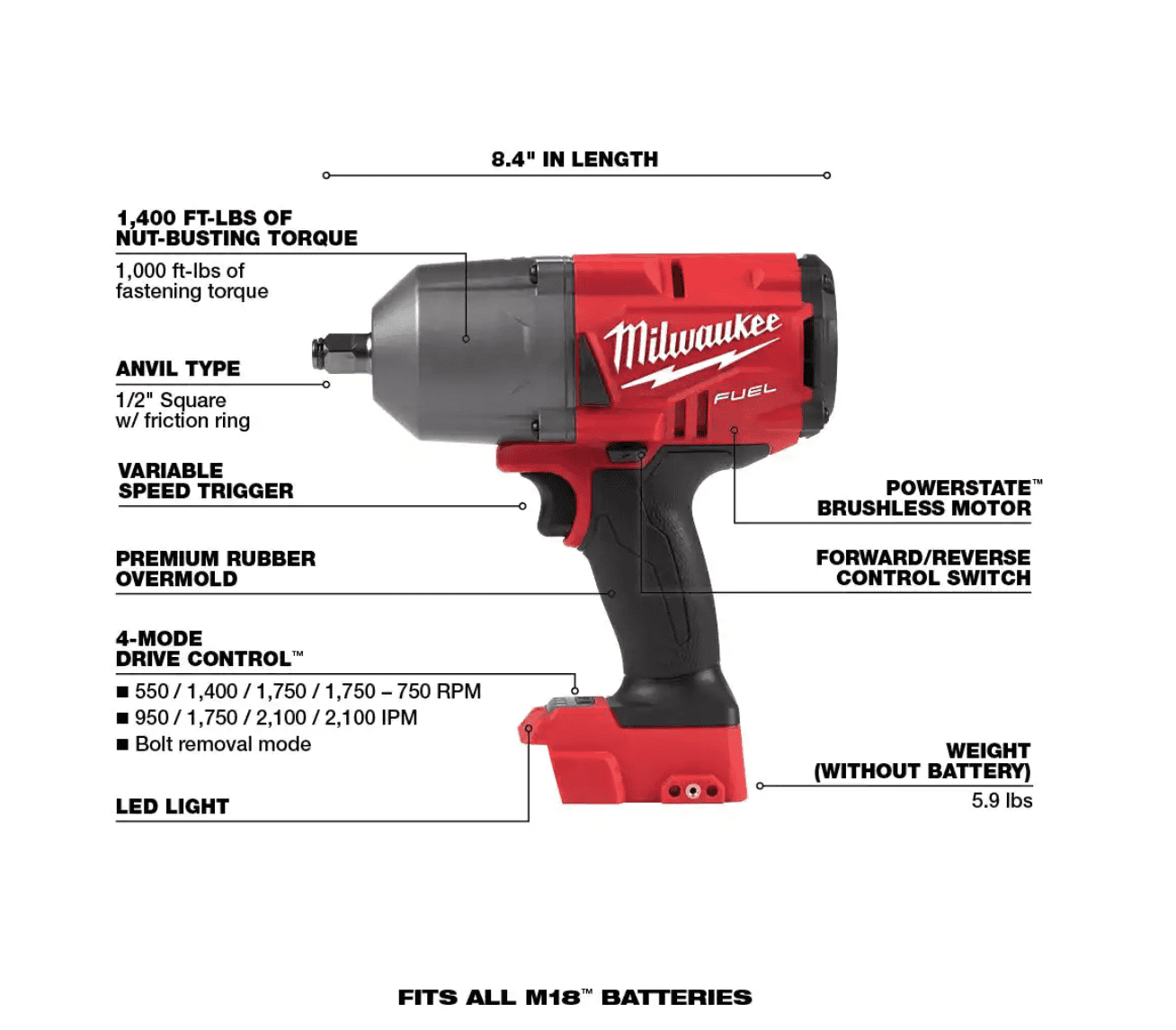 Milwaukee 2767-20-49-16-2767 M18 FUEL 18V Lithium-Ion Brushless Cordless 1/2 in