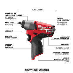 Milwaukee 2454-20 M12 FUEL 12V Lithium-Ion Brushless Cordless 3/8 in. Impact Wrench (Tool-Only)