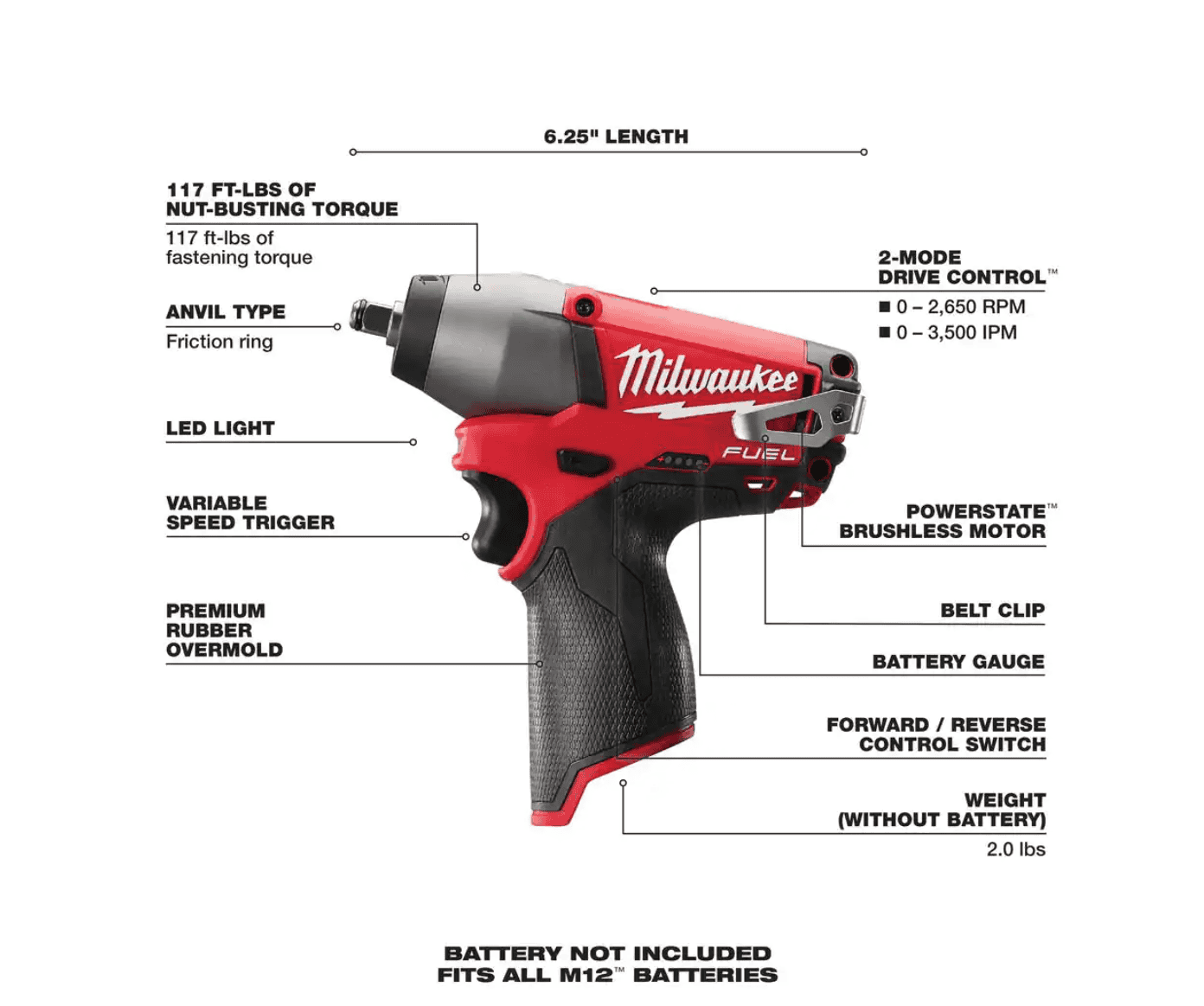 Milwaukee 2454-20 M12 FUEL 12V Lithium-Ion Brushless Cordless 3/8 in. Impact Wrench (Tool-Only)