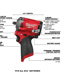 Milwaukee 2554-20-2557-20-48-11-2412 M12 FUEL 12V Lithium-Ion Brushless Cordless Stubby 3/8 in. Impact Wrench & 3/8 in. Ratchet with two 3.0 Ah Batteries