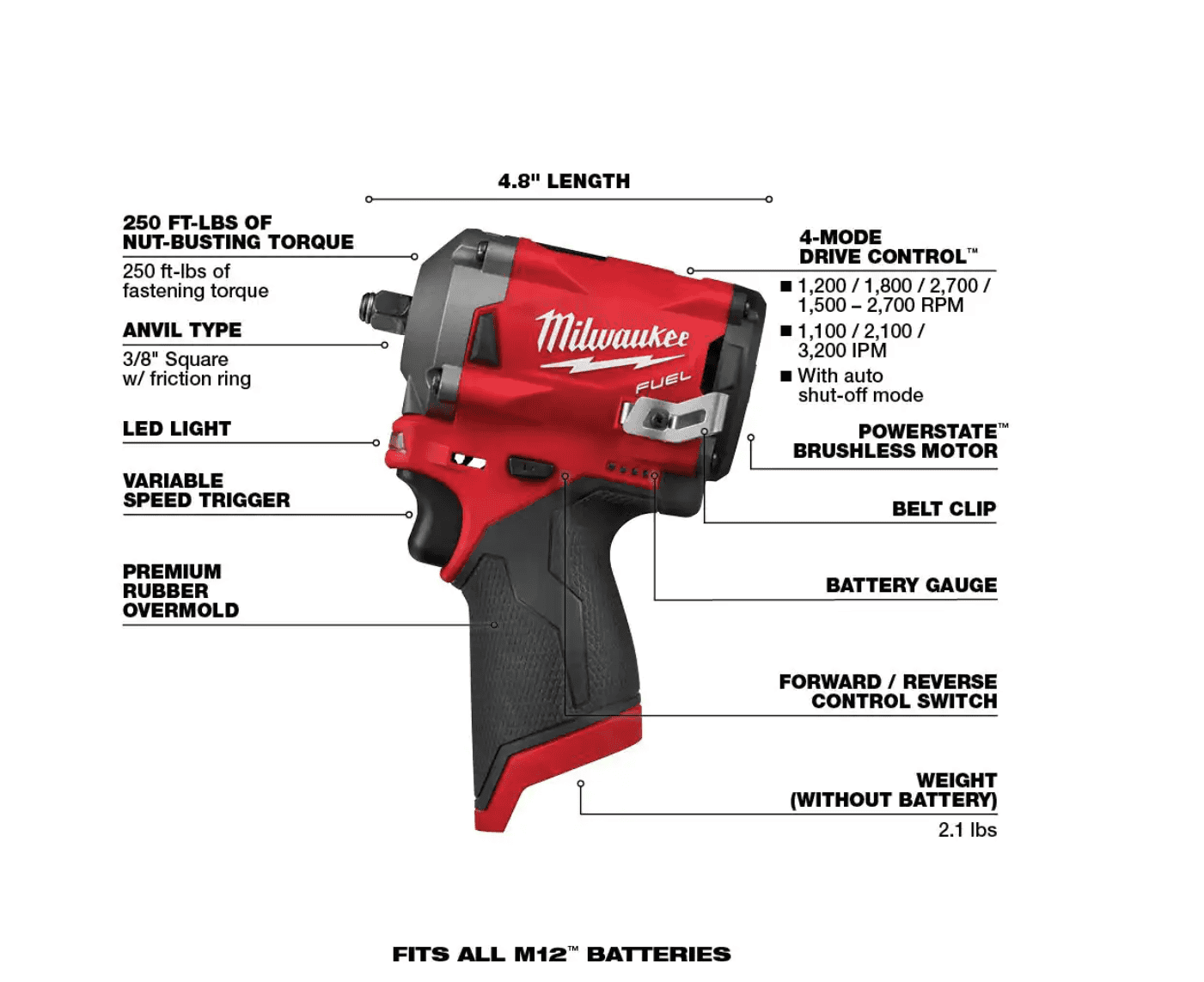 Milwaukee 2554-20-2557-20-48-11-2412 M12 FUEL 12V Lithium-Ion Brushless Cordless Stubby 3/8 in. Impact Wrench & 3/8 in. Ratchet with two 3.0 Ah Batteries