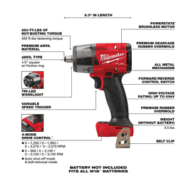 Milwaukee 2962-20-2854-20 M18 Impact Wrench Gen-2 18-Volt Li-Ion Cordless Mid Torque w/Friction Ring