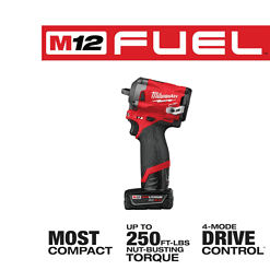 Milwaukee 2554-22-48-11-2440 M12 FUEL 12V Lithium-Ion Brushless Cordless Stubby 3/8 in. Impact Wrench Kit With M12 4.0Ah Battery