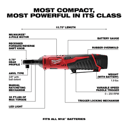 Milwaukee 2457-21 M12 12-Volt Lithium-Ion Cordless 3/8 in. Ratchet Kit with One 1.5 Ah Battery, Charger and Tool Bag