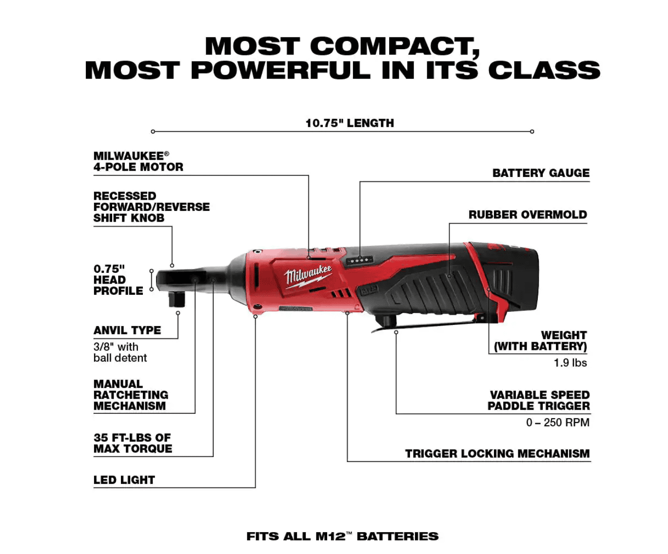 Milwaukee 2457-21 M12 12-Volt Lithium-Ion Cordless 3/8 in. Ratchet Kit with One 1.5 Ah Battery, Charger and Tool Bag