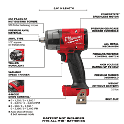 Milwaukee 2962-20-49-16-2960 M18 FUEL Gen-2 18V Lithium-Ion Brushless Cordless Mid Torque 1/2 in. Impact Wrench with Friction Ring and with Boot