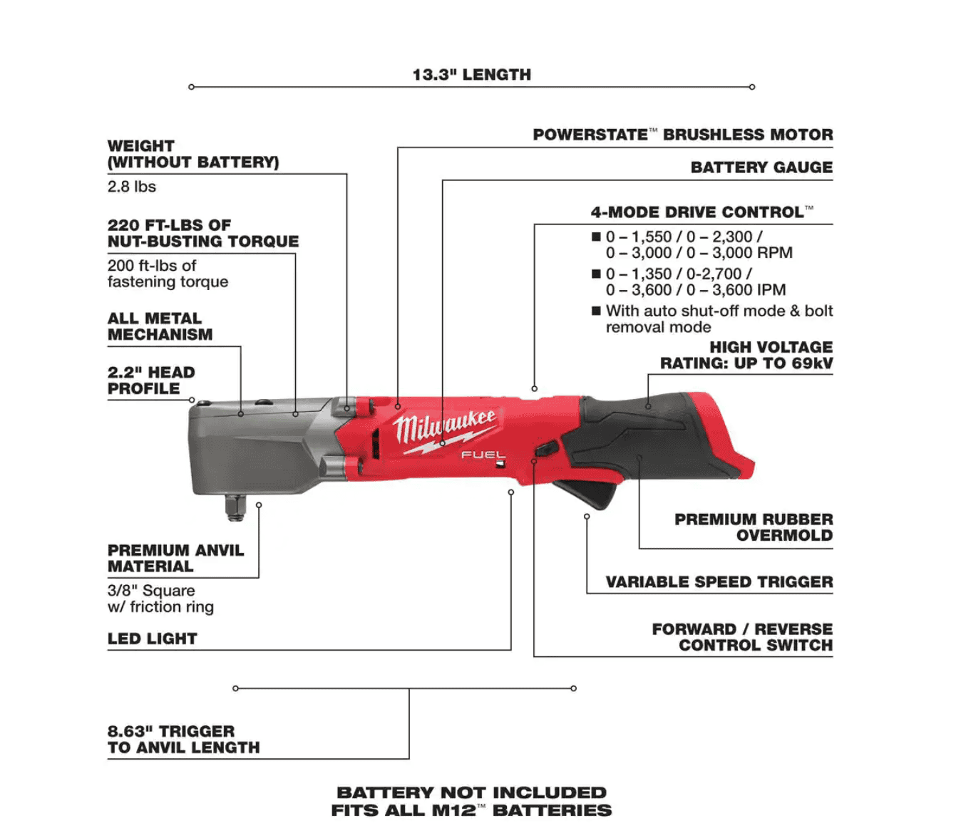 Milwaukee 2564-20-2565-20 M12 FUEL 12V Lithium-Ion Brushless Cordless 3/8 in. and 1/2 in. Right Angle Impact Wrenches Set (2-Tool)