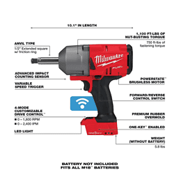 Milwaukee 2769-20 M18 ONE-KEY FUEL 18V Lithium-Ion Brushless Cordless 1/2 in. Impact Wrench with Extended Anvil (Tool-Only)