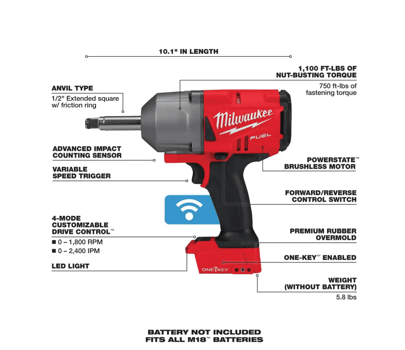 Milwaukee 2769-20 M18 ONE-KEY FUEL 18V Lithium-Ion Brushless Cordless 1/2 in. Impact Wrench with Extended Anvil (Tool-Only)
