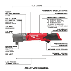 Milwaukee 2565P-20 M12 FUEL 12V Lithium-Ion Brushless Cordless 1/2 in. Right Angle Impact Wrench with Pin Detent (Tool-Only)