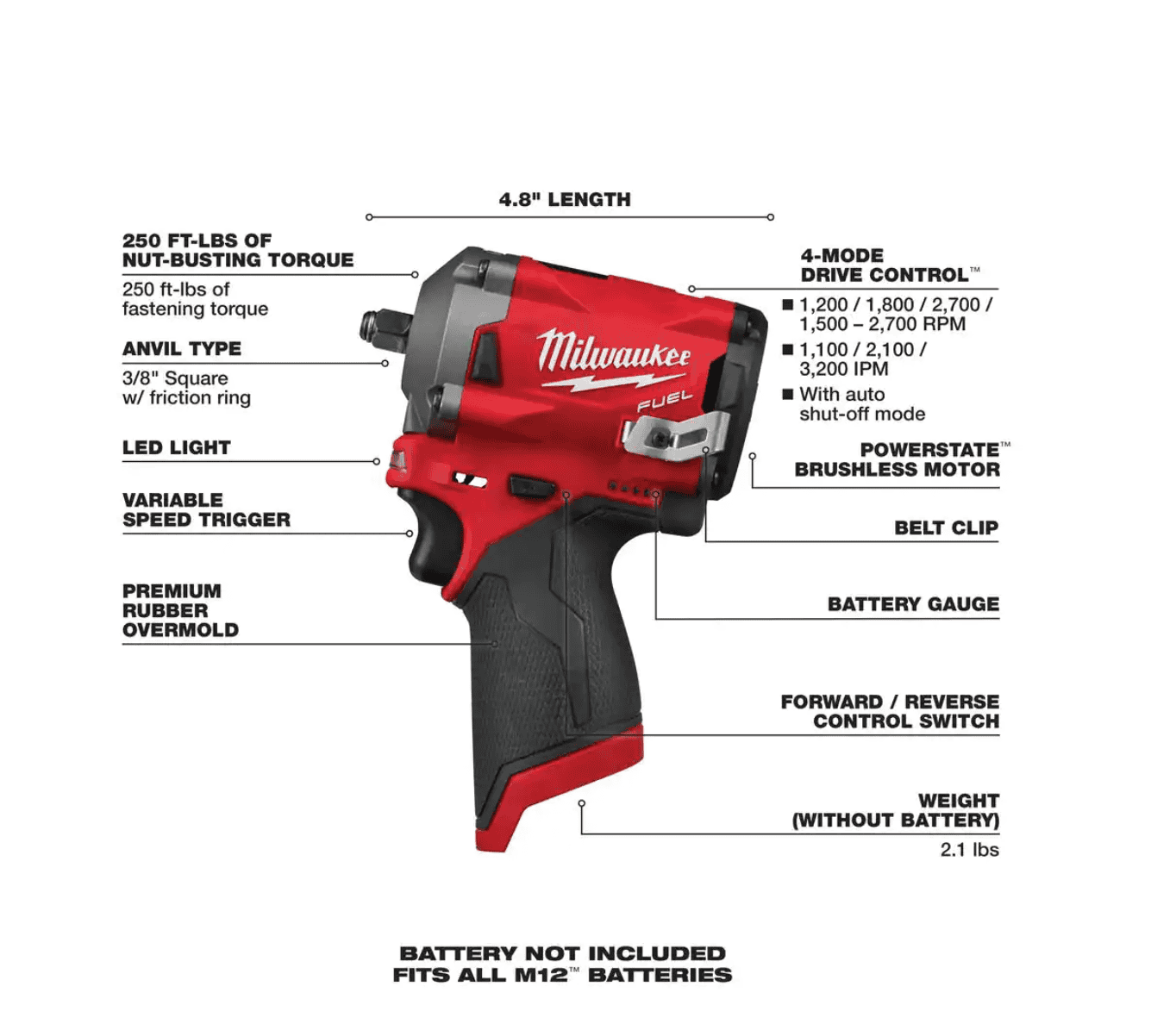 Milwaukee 2554-20-2367-20 M12 FUEL 12V Lithium-Ion Brushless Cordless Stubby 3/8 in. Impact Wrench with M12 Rover Flood Light