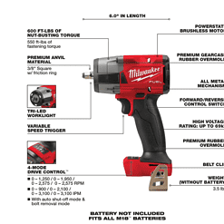 Milwaukee 2960-20-49-16-2960 M18 FUEL 18V Lithium-Ion Mid Torque Brushless Cordless 3/8 in. Impact Wrench with Friction Ring, Protective Boot