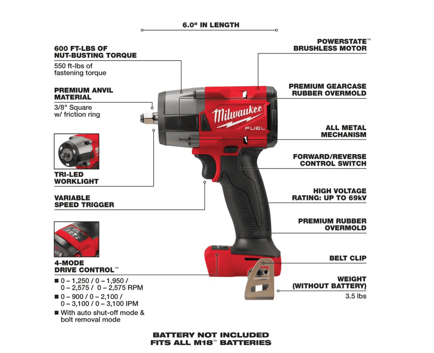 Milwaukee 2960-20-49-16-2960 M18 FUEL 18V Lithium-Ion Mid Torque Brushless Cordless 3/8 in. Impact Wrench with Friction Ring, Protective Boot