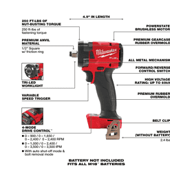 Milwaukee 2855-20-49-16-2854 M18 FUEL Gen-2 18V Lithium-Ion Brushless Cordless 1/2 in. Compact Impact Wrench with Friction Ring and Boot