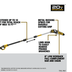DEWALT DCPS620B 20V MAX 8in. Cordless Battery Powered Pole Saw, Tool Only
