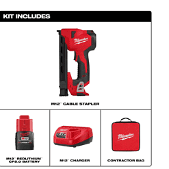 Milwaukee 2448-21 M12 12-Volt Lithium-Ion Cordless Cable Stapler Nailer Kit with 2.0Ah Battery, Charger and Bag