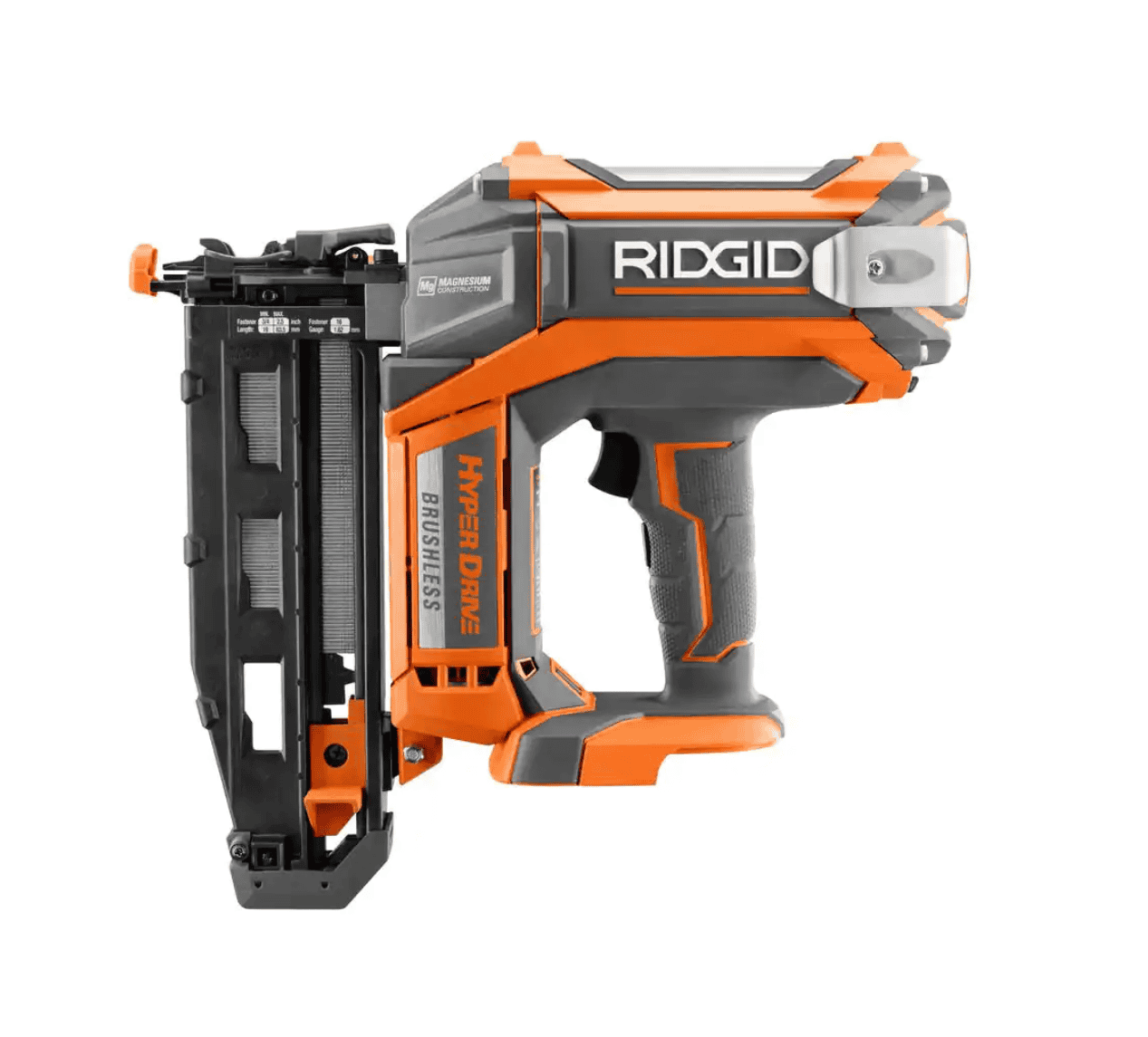 RIDGID R09892B 18V Brushless Cordless HYPERDRIVE 16-Gauge 2-1/2 in. Straight Finish Nailer(Tool Only), Belt Clip, Bag, Sample Nails