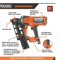 RIDGID R09894B-AC8400802P 18V Lithium-Ion Brushless Cordless 21° 3-1/2 in. Framing Nailer with 18V Compact Lithium-Ion 2.0 Ah Battery 2-Pack