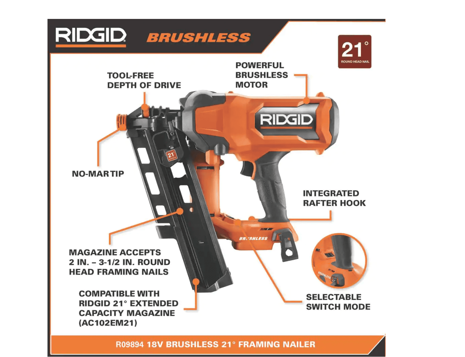 RIDGID R09894B-AC8400802P 18V Lithium-Ion Brushless Cordless 21° 3-1/2 in. Framing Nailer with 18V Compact Lithium-Ion 2.0 Ah Battery 2-Pack