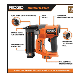 RIDGID 18V Cordless Brad Nailer with 2.0 Ah Battery and Charger