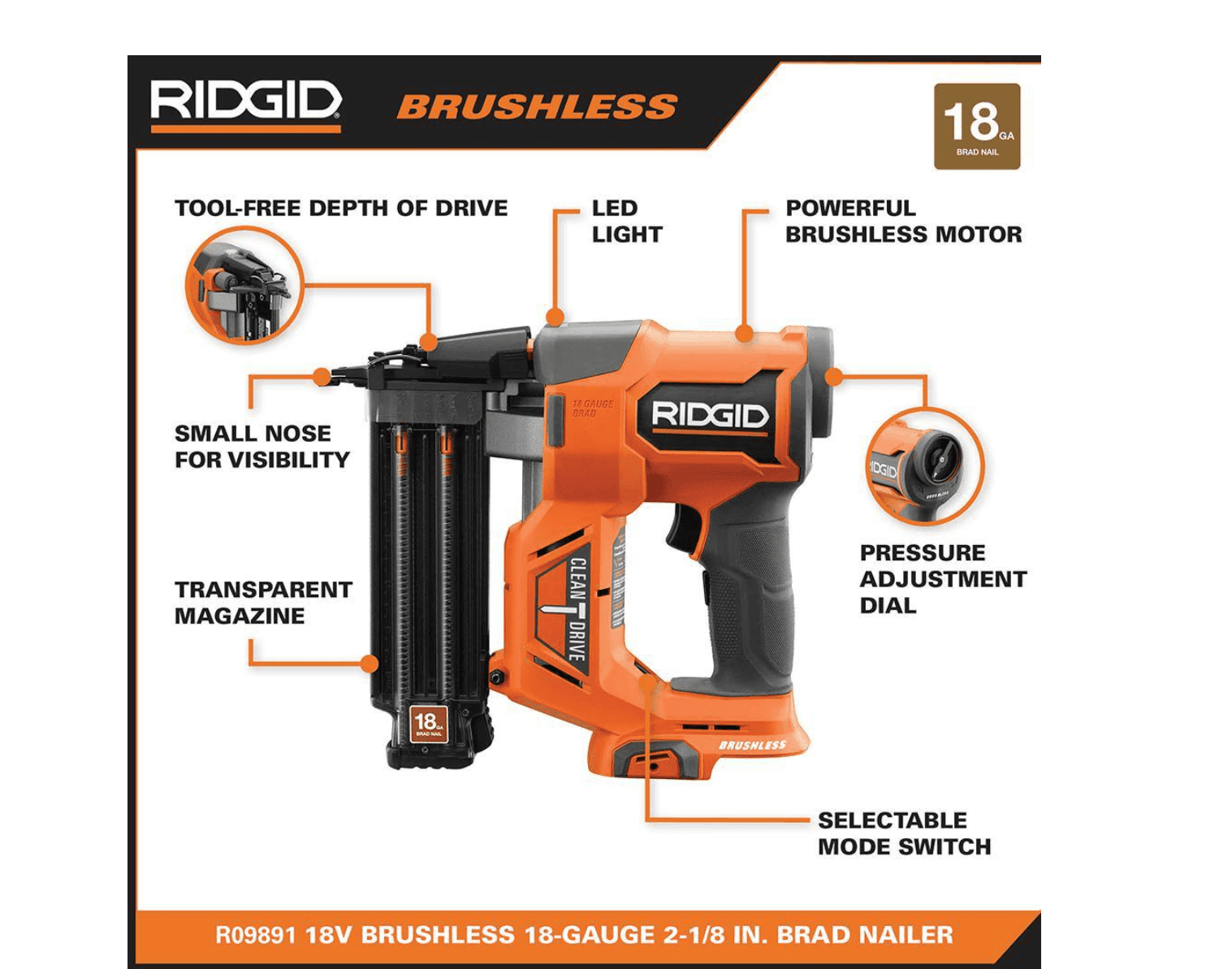 RIDGID 18V Cordless Brad Nailer with 2.0 Ah Battery and Charger