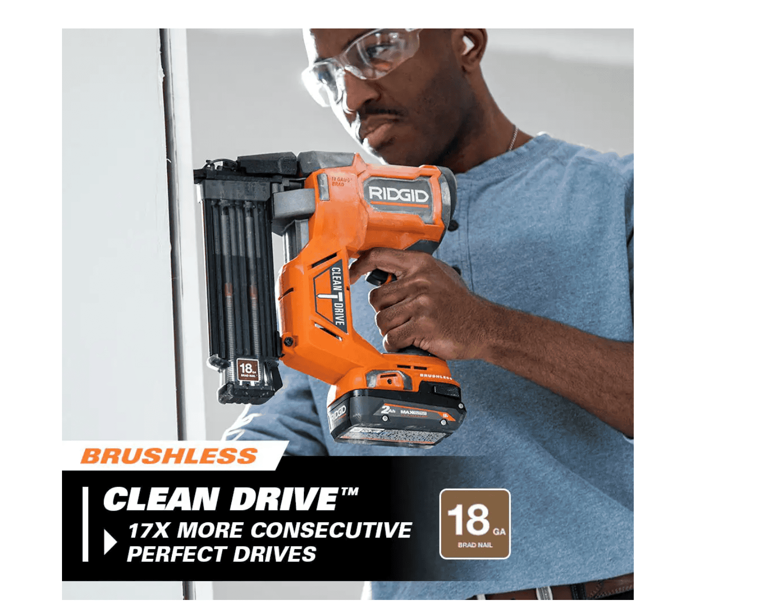 RIDGID R09891B-AC8400802 18V Brushless Cordless 18-Gauge 2-1/8 in. Brad Nailer with CLEAN DRIVE Technology with 18V 2.0 Ah Lithium-Ion Battery