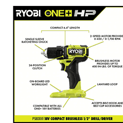 RYOBI PSBCK01K-PSBCS02B ONE+ HP 18V Brushless Cordless Compact 1/2 in. Drill/Driver, Impact Driver, Cut-Off Tool, (2) Batteries, Charger, Bag