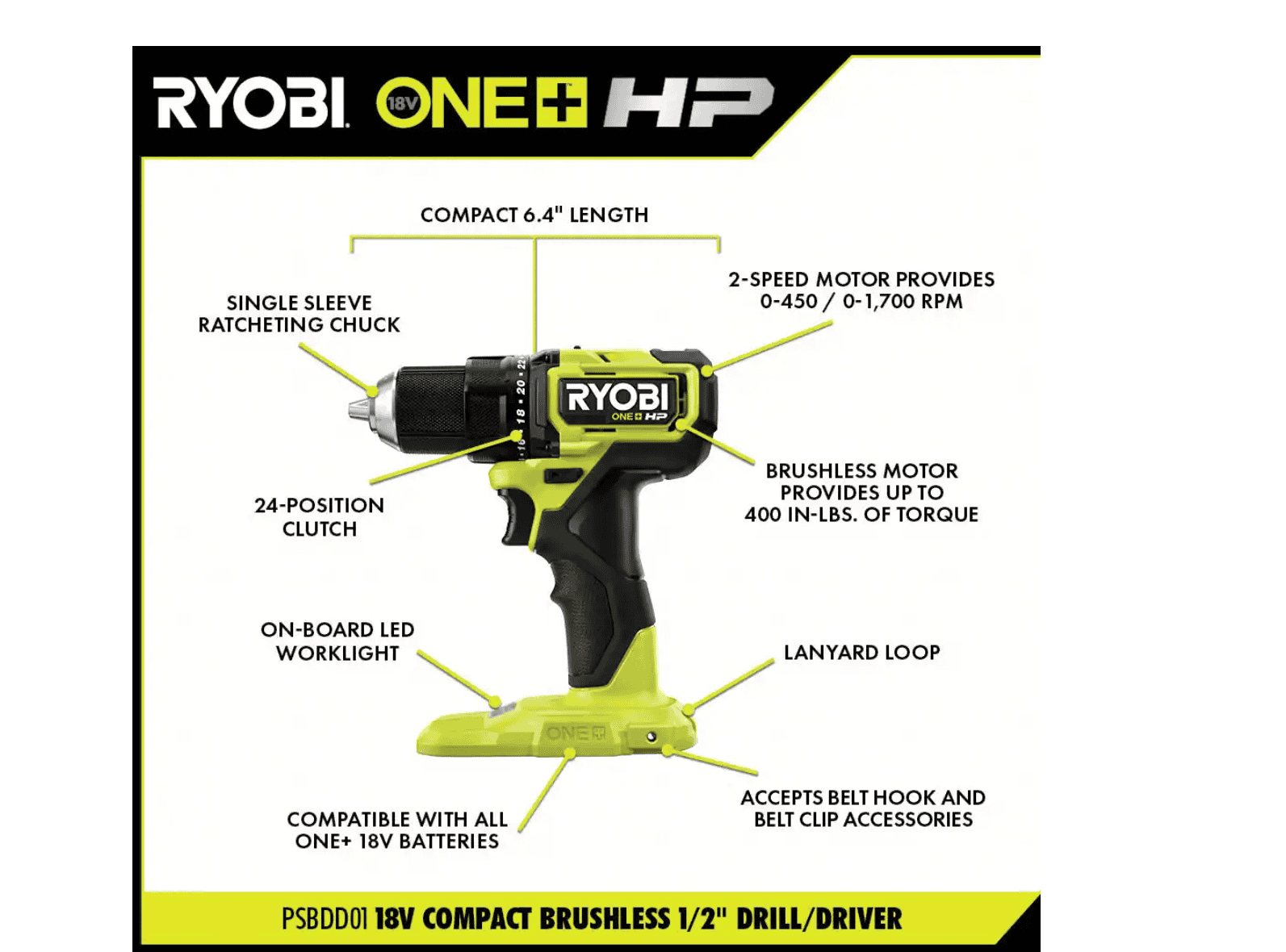 RYOBI PSBCK01K-PSBCS02B ONE+ HP 18V Brushless Cordless Compact 1/2 in. Drill/Driver, Impact Driver, Cut-Off Tool, (2) Batteries, Charger, Bag