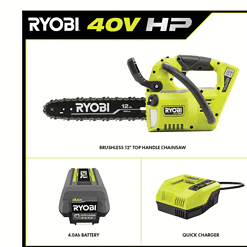 RYOBI RY40590 40V HP Brushless 12 in. Top Handle Cordless Battery Chainsaw with 4.0 Battery and Charger