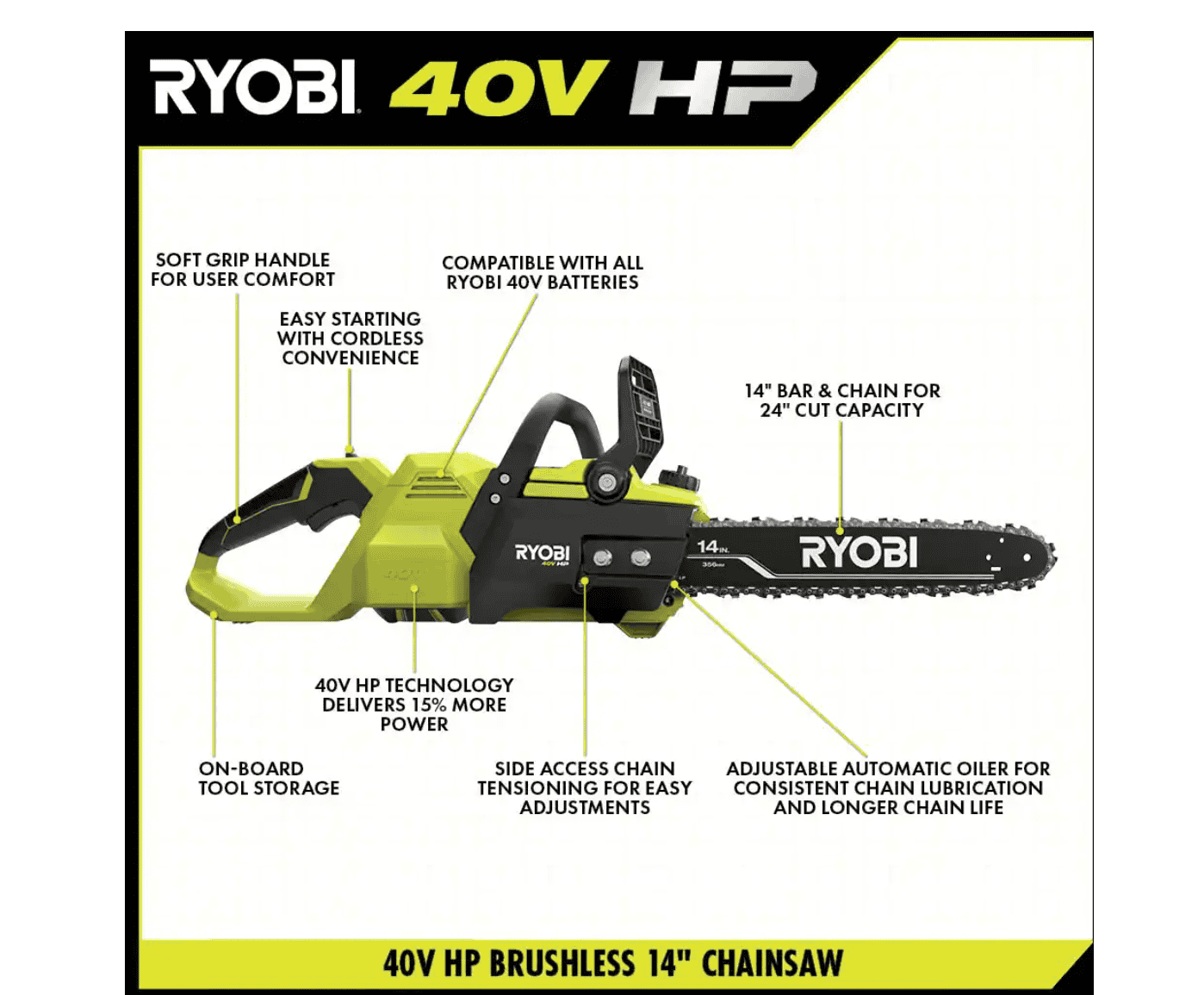 RYOBI RY405100-PS 40V HP Brushless 14 in. Cordless Battery Chainsaw and 10 in. Cordless Battery Pole Saw with 4.0 Ah Battery and Charger