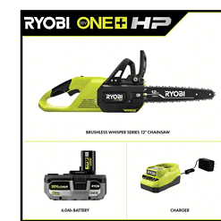 RYOBI P2570 ONE+ HP 18V Brushless Whisper Series 12 in. Cordless Battery Chainsaw with 6.0 Ah Battery and Charger