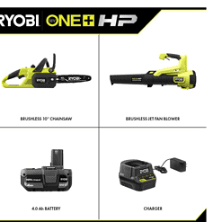 RYOBI P2520-BLW ONE+ HP 18V Brushless 10 in. Cordless Battery Chainsaw and 110 MPH 350 CFM Leaf Blower with 4.0 Ah Battery and Charger
