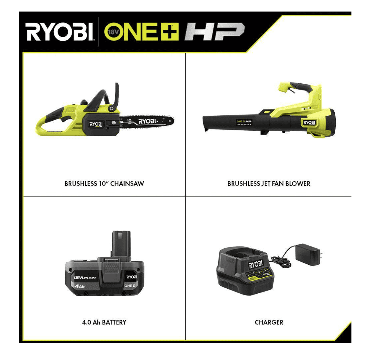 RYOBI P2520-BLW ONE+ HP 18V Brushless 10 in. Cordless Battery Chainsaw and 110 MPH 350 CFM Leaf Blower with 4.0 Ah Battery and Charger