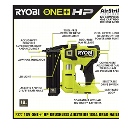 RYOBI P322 ONE+ HP 18V 18-Gauge Brushless Cordless AirStrike Brad Nailer (Tool Only)