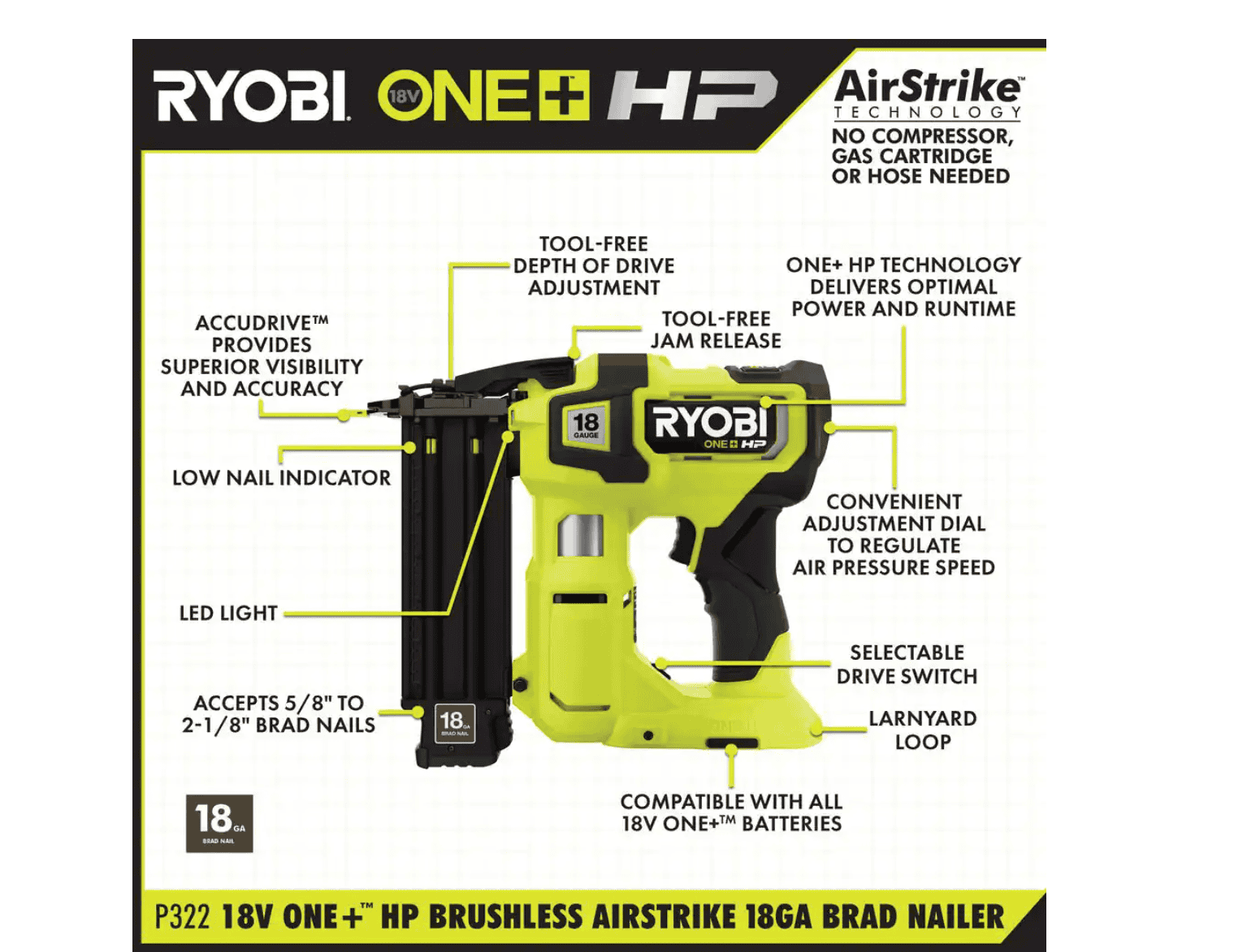 RYOBI P322 ONE+ HP 18V 18-Gauge Brushless Cordless AirStrike Brad Nailer (Tool Only)