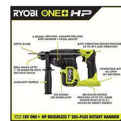RYOBI P223K1 ONE+ HP 18V Brushless Cordless 1 in. SDS Plus Rotary Hammer Kit with (1) 4.0 Ah Battery and Charger
