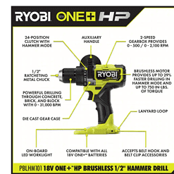 RYOBI PBLHM101K ONE+ HP 18V Brushless Cordless 1/2 in. Hammer Drill Kit with (1) 4.0 Ah High Performance Battery, Charger, and Tool Bag