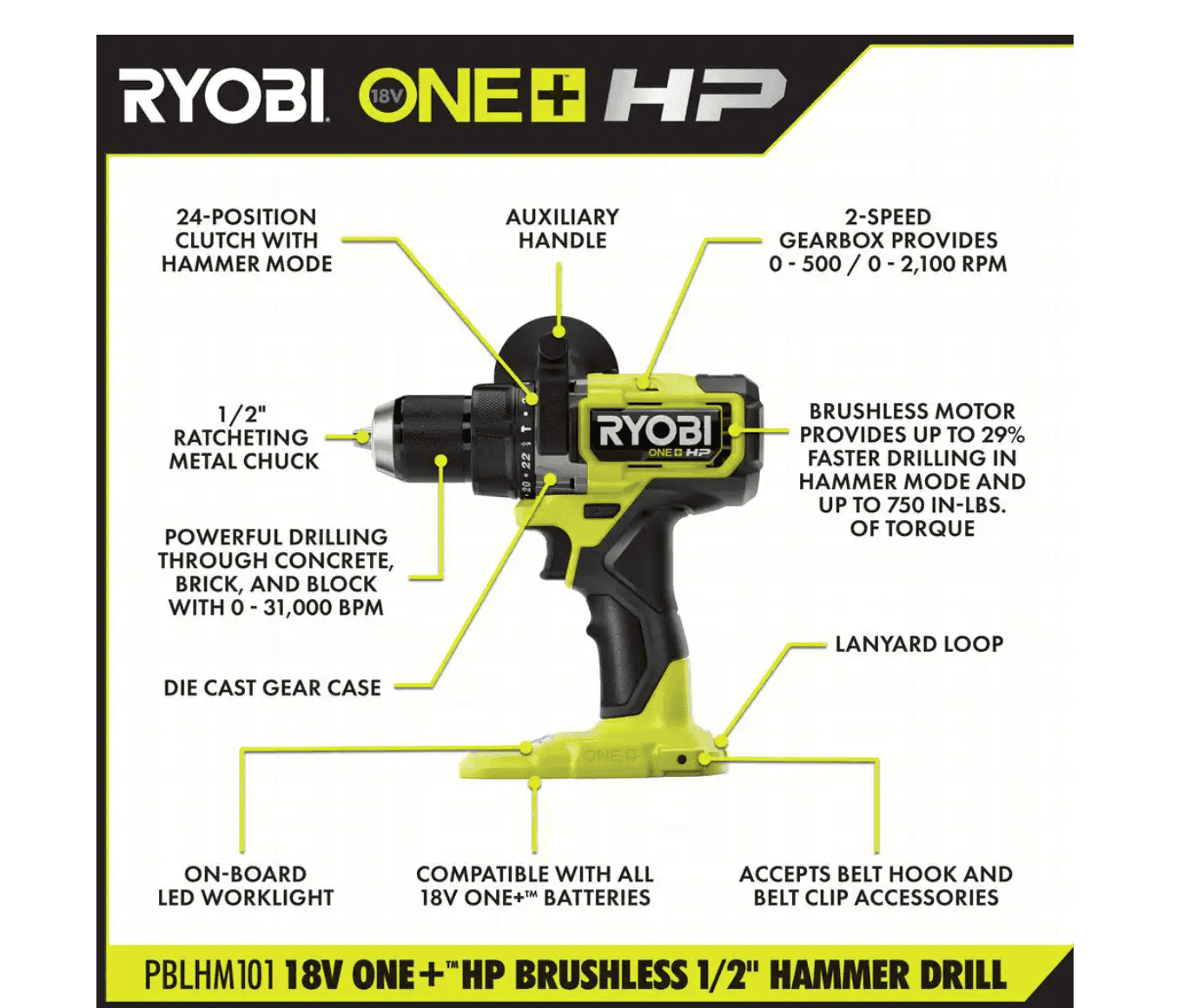 RYOBI PBLHM101K ONE+ HP 18V Brushless Cordless 1/2 in. Hammer Drill Kit with (1) 4.0 Ah High Performance Battery, Charger, and Tool Bag