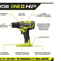 RYOBI PBLDD01K ONE+ HP 18V Brushless Cordless 1/2 in. Drill/Driver Kit with (2) 2.0 Ah HIGH PERFORMANCE Batteries, Charger, and Bag