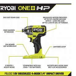 RYOBI PBLID02K ONE+ HP 18V Brushless Cordless 1/4 in. 4-Mode Impact Driver Kit w/(2) 2.0 Ah HIGH PERFORMANCE Battery, Charger, Bag