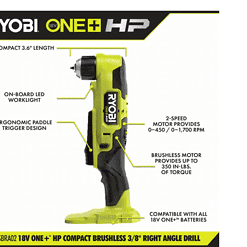 RYOBI PSBRA02K ONE+ HP 18V Brushless Cordless Compact 3/8 in. Right Angle Drill Kit with (1) 1.5 Ah Battery and 18V Charger