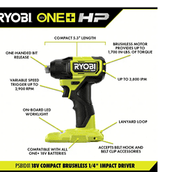 RYOBI PSBID01K-PSBRS01B ONE+ HP 18V Brushless Cordless Compact 1/4 in. Impact Driver and One-Handed Recip Saw Kit with (2) Batteries, Charger