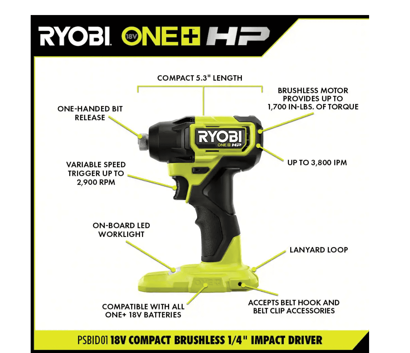 RYOBI PSBID01K-PSBRS01B ONE+ HP 18V Brushless Cordless Compact 1/4 in. Impact Driver and One-Handed Recip Saw Kit with (2) Batteries, Charger