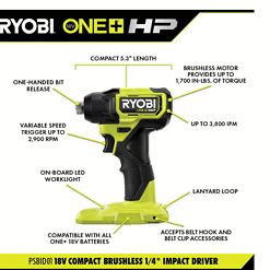 RYOBI PSBID01K-PSBIW01B ONE+ HP 18V Brushless Cordless Compact 1/4 in. Impact Driver, 3/8 in. Impact Wrench, (2) Batteries, Charger, and Bag