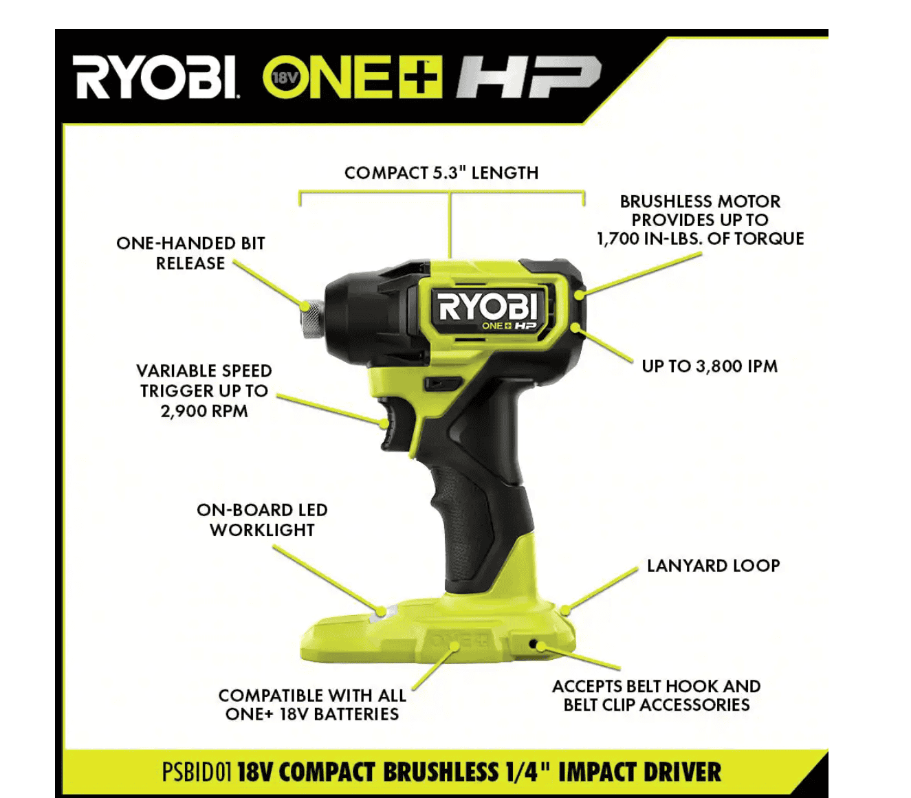 RYOBI PSBID01K-PSBIW01B ONE+ HP 18V Brushless Cordless Compact 1/4 in. Impact Driver, 3/8 in. Impact Wrench, (2) Batteries, Charger, and Bag
