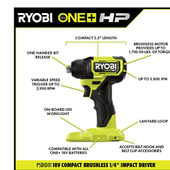 RYOBI PSBID01K-PSBCS02B ONE+ HP 18V Brushless Cordless Compact 1/4 in. Impact Driver and Cut-Off Tool, (2) 1.5 Ah Batteries, Charger, and Bag